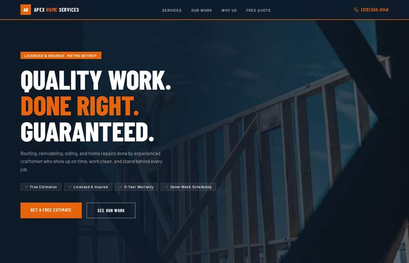 Apex Home Services contractor website — bold navy and orange homepage