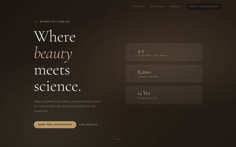 Lumière Aesthetics med spa website — cinematic homepage with animated hero