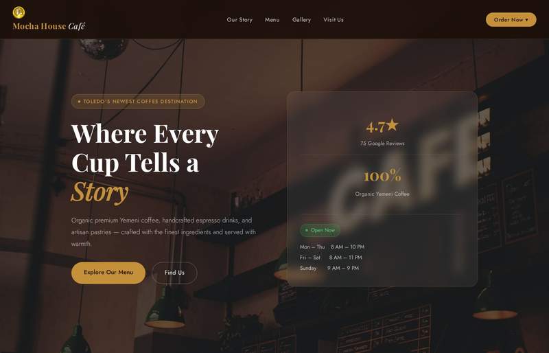 Mocha House Café website — warm café homepage with menu and gallery