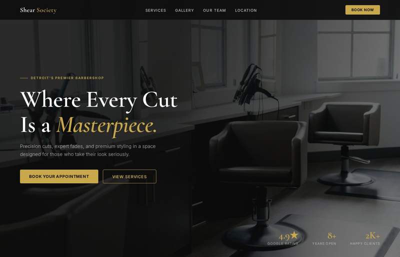 Shear Society barbershop website — dark-themed homepage with services and team